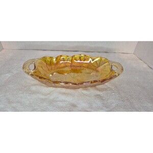VTG Indiana Glass Iridescent Sunflower Marigold Carnival Two Handled Oval Dish